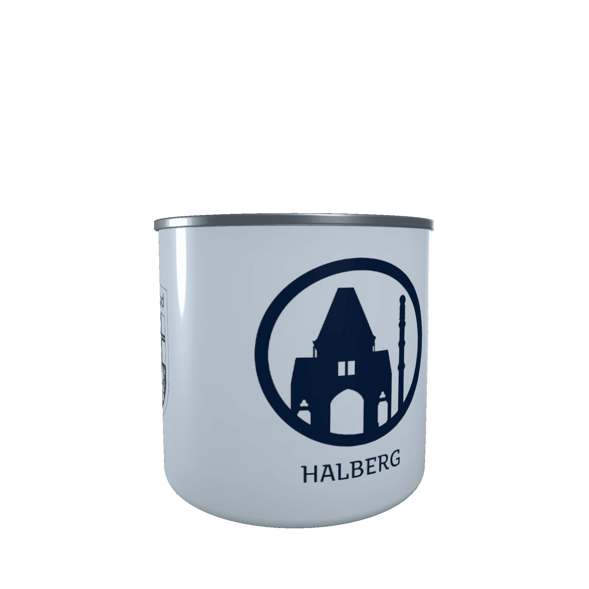 SB_Halberg_dunkelblau_Right Emaille-Tasse Silhouette Halberg Saarbrücken