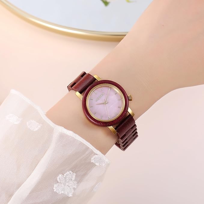 woodwear - Rosé Perlmutt - Damenarmbanduhr aus Olivenholz mit Rosé-Elementen